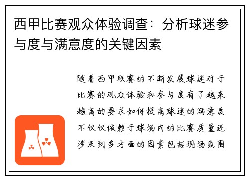 西甲比赛观众体验调查:分析球迷参与度与满意度的关键因素 西甲比赛观众体验调查:分析球迷参与度与满意度的关键因素